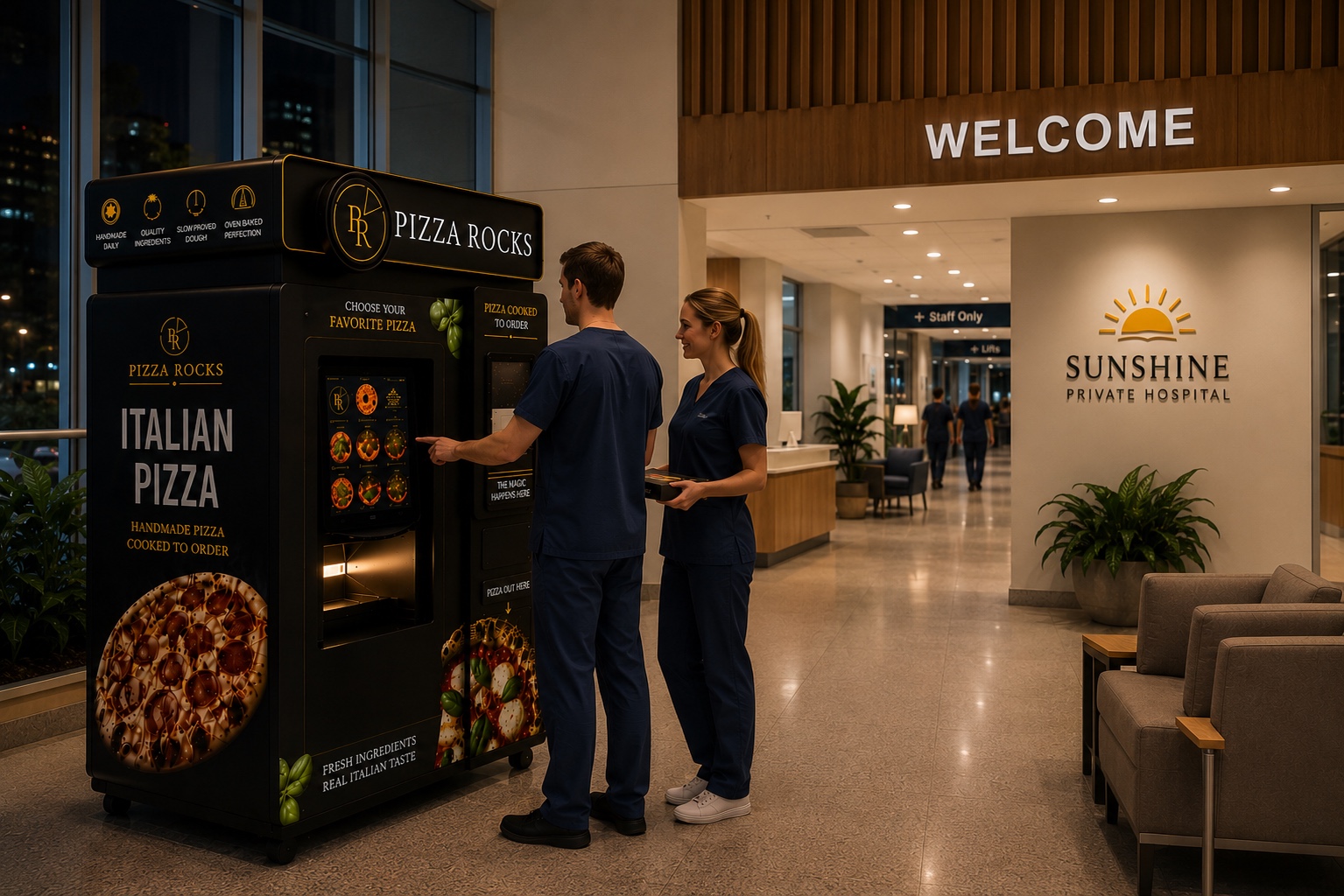 Pizza Rocks vending machine positioned in a hospital or healthcare precinct